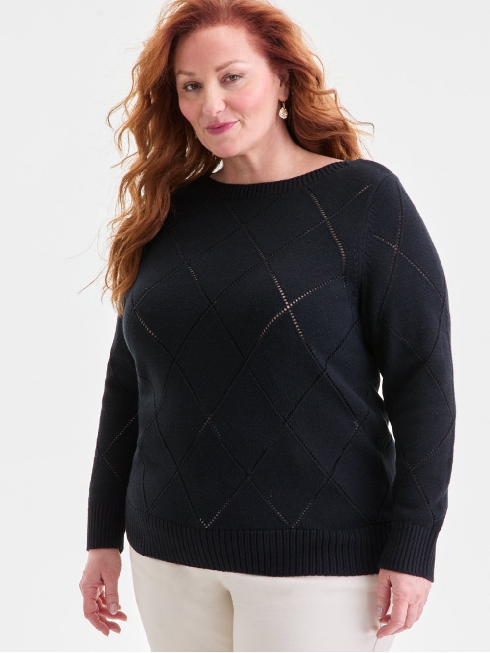 Black Pointelle Crewneck Sweater with  Diamond Pattern Preppy Classic NWT